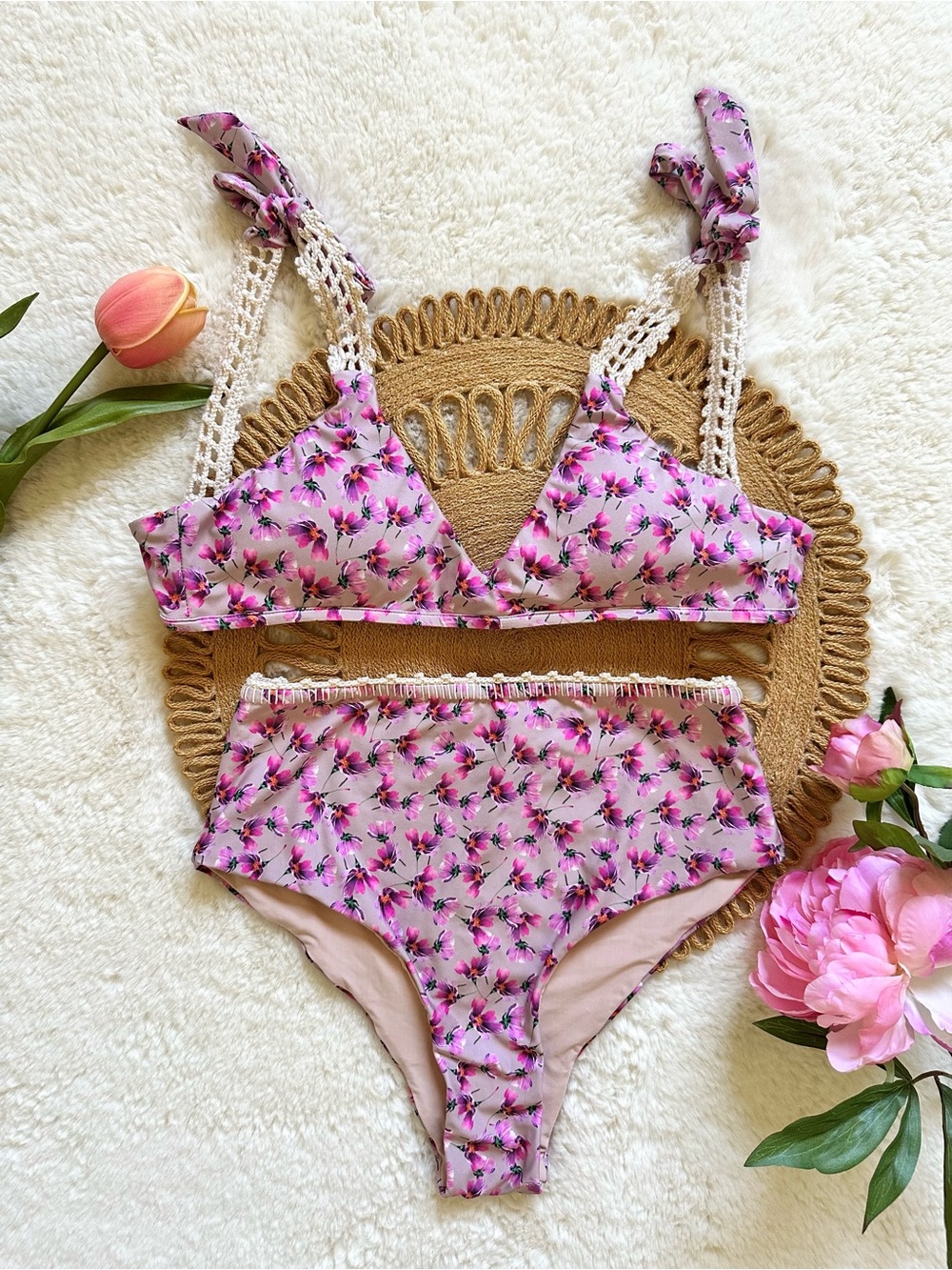 Athenas Swimwear Light Floral Lavender High-Waist Handmade Crochet Bikini Set S